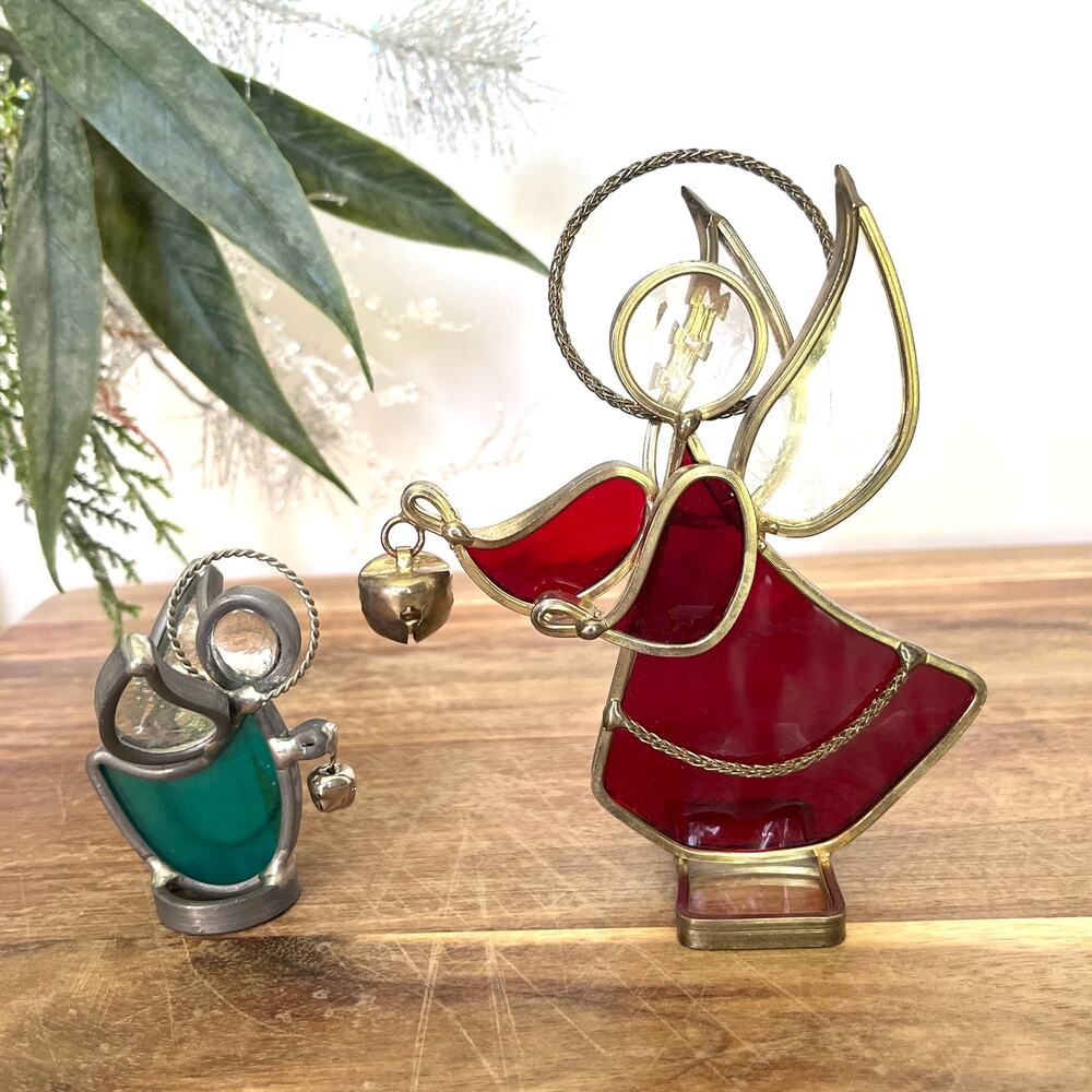 Two Stained Glass Angel Figurines Suncatcher Wings Halo Bells Holiday Spiritual